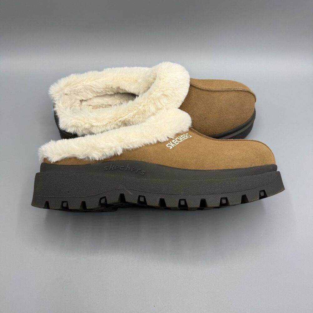 Skechers Shindigs Fortress Cognac Suede Faux Fur Slip On Clog Shoes Women Size 7